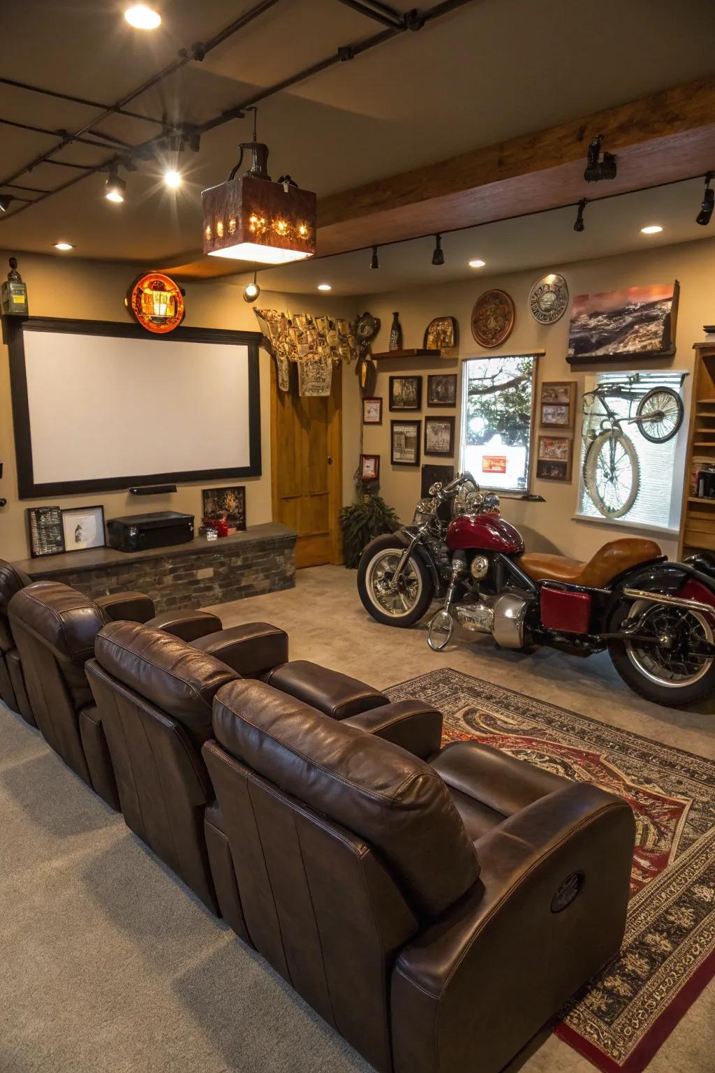 A classic relaxation zone setup in a garage man cave, ideal for unwinding.