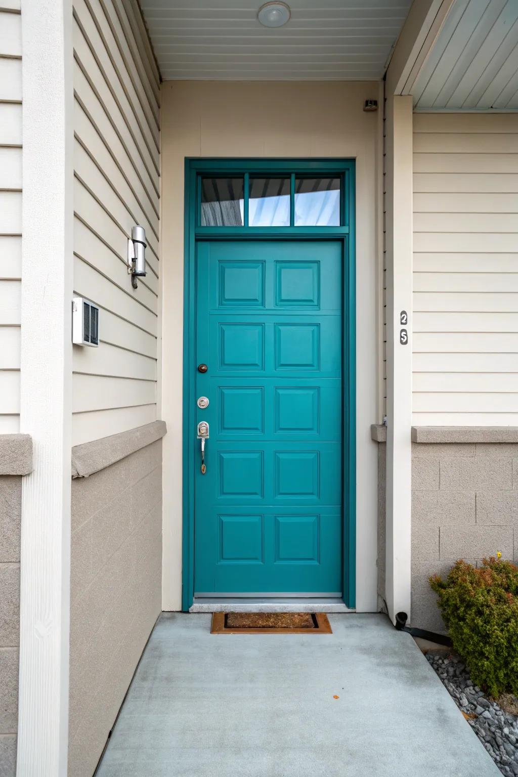 A striking teal door brings a burst of color to a simple garage setting.
