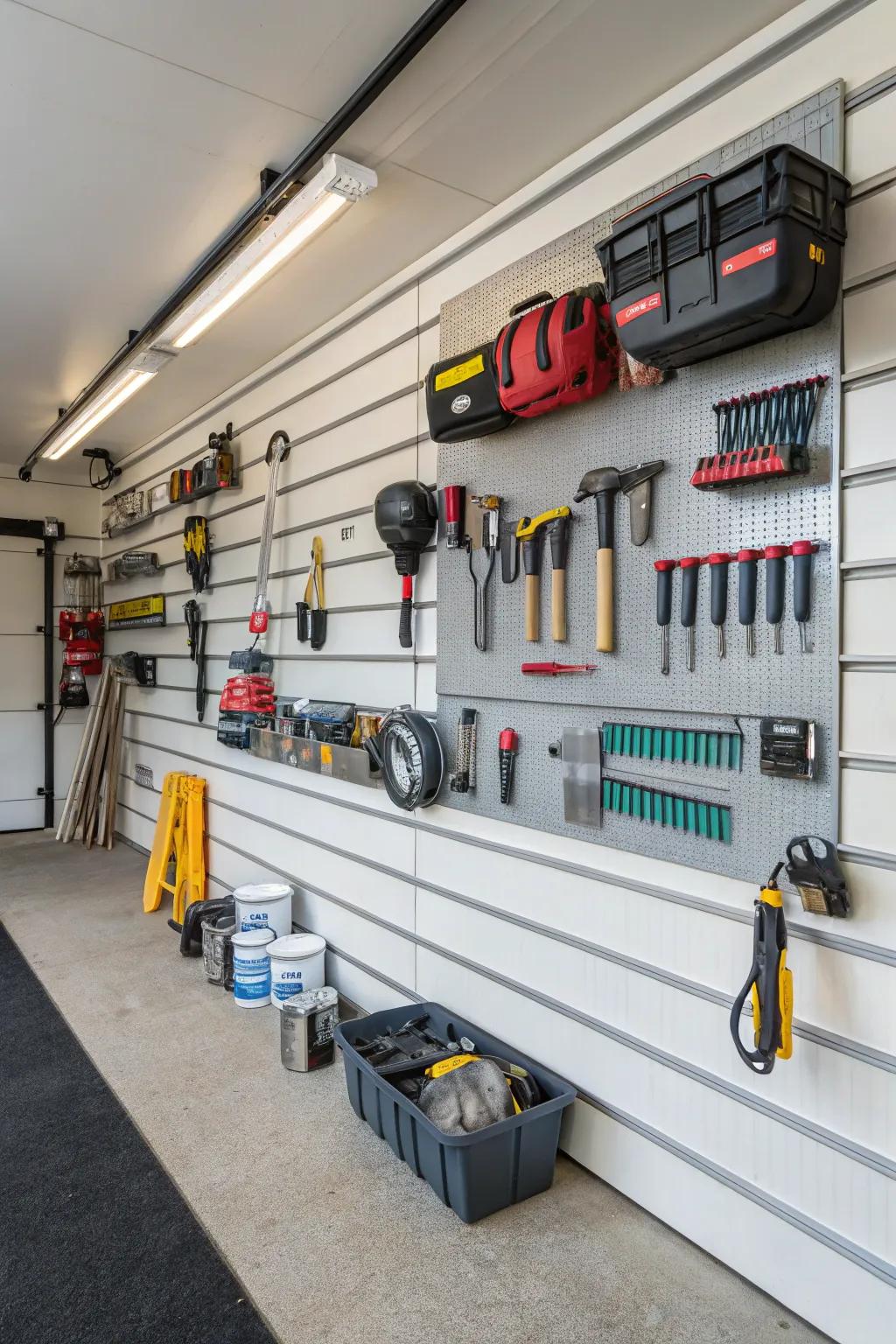 Slatwall panels offer a neat and adaptable storage solution.