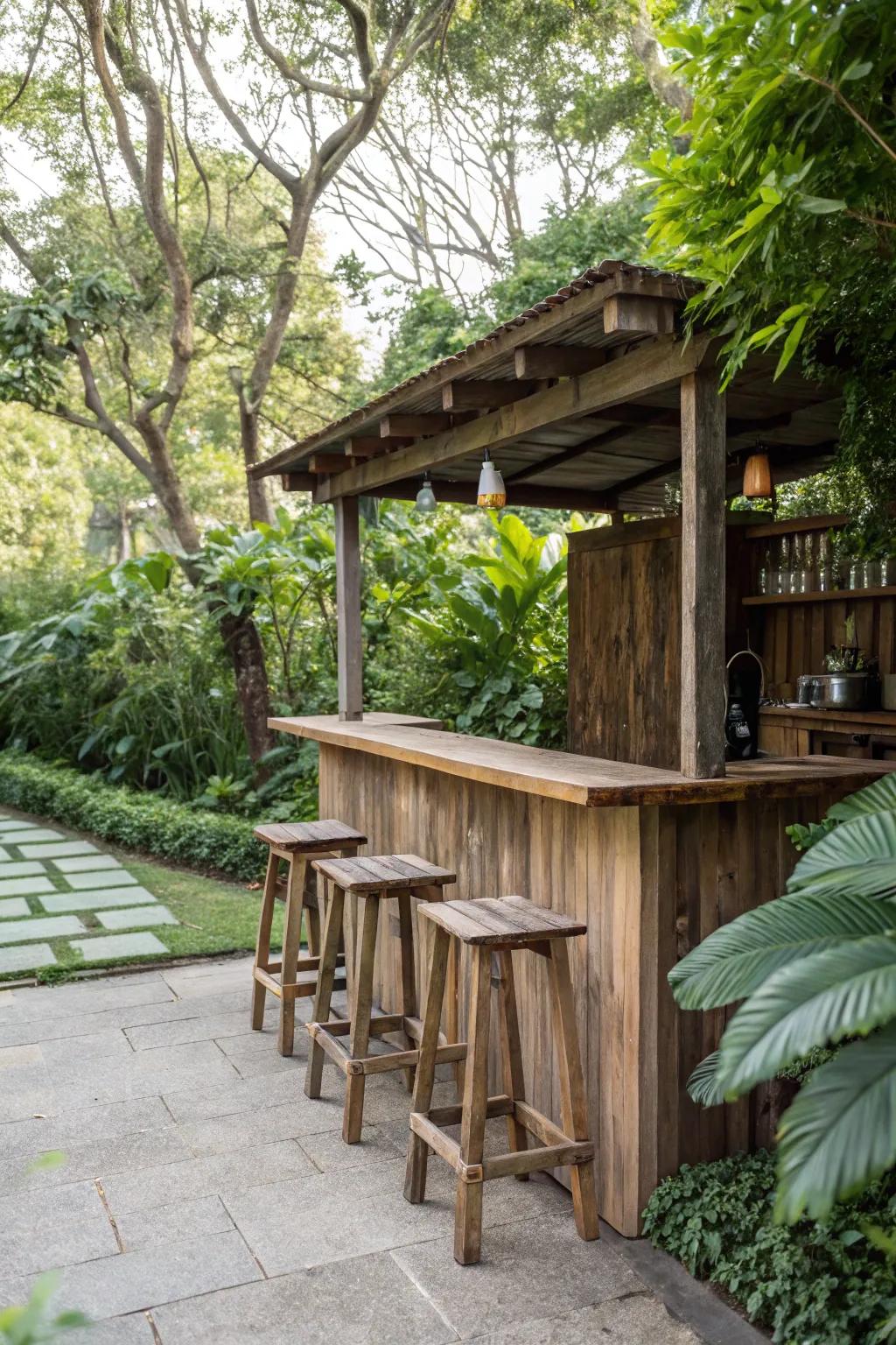 A charming garden bar ingeniously fashioned from reclaimed wood.