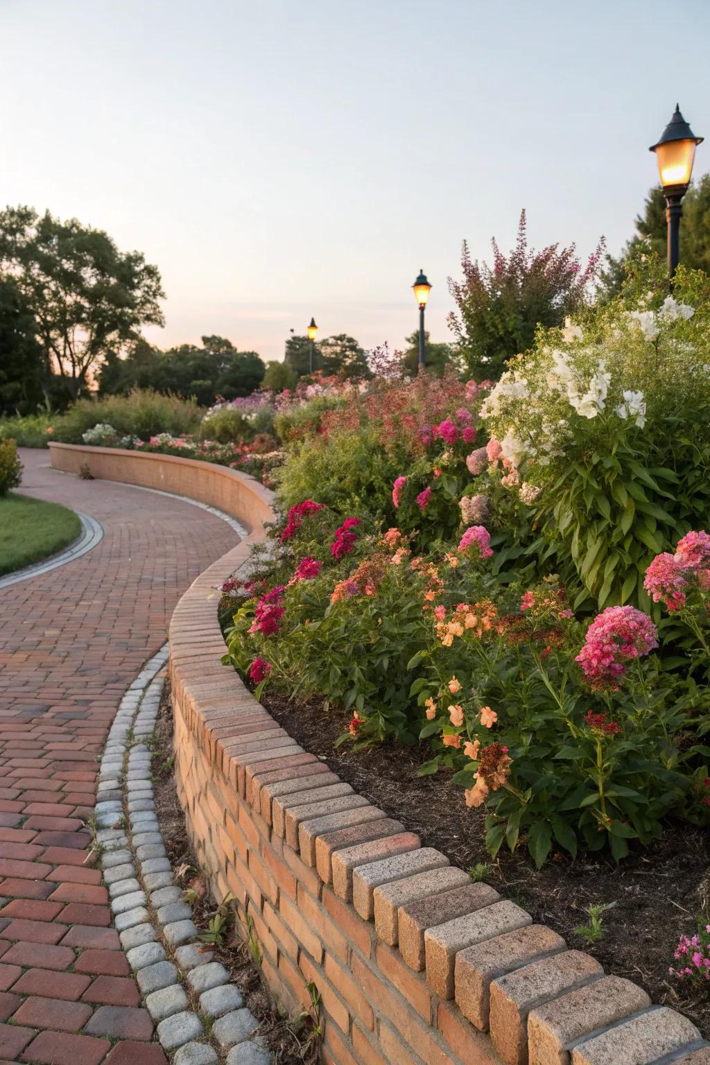 Flowing brick borders lend a classic aesthetic to garden pathways.