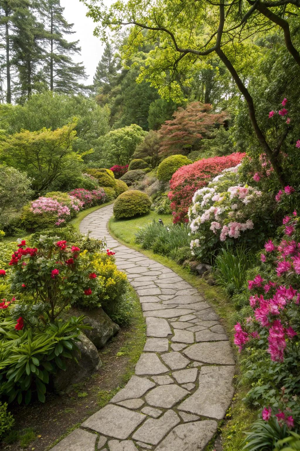 A delightful stone pathway curves through a garden bursting with colorful flowers.