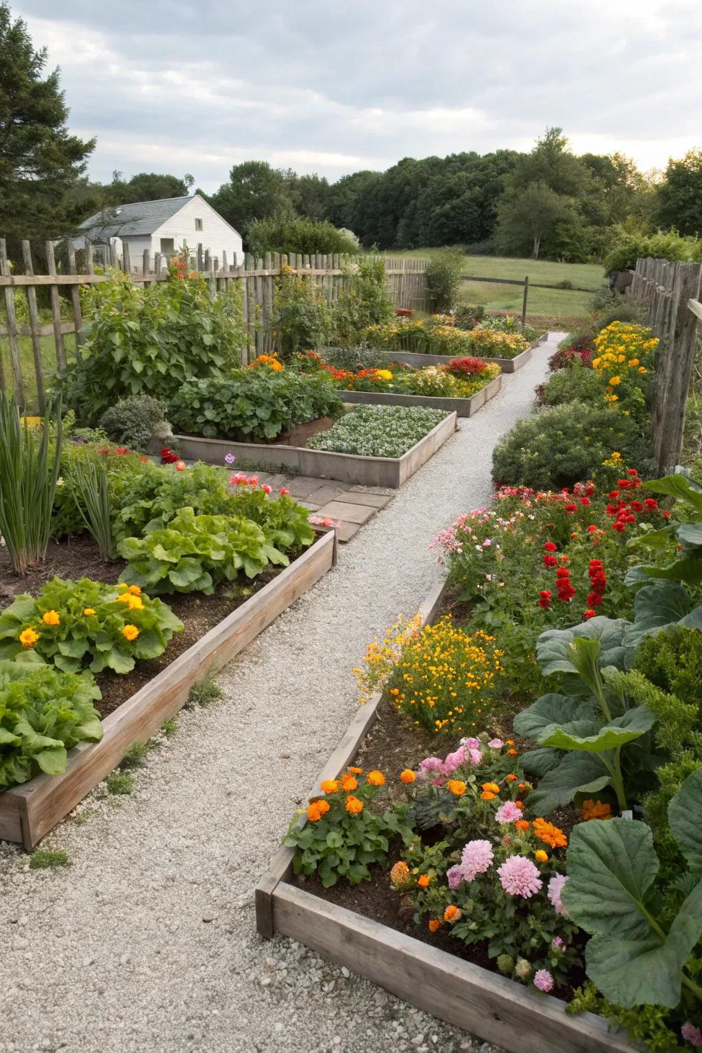 A foodie garden showcasing a mix of colorful veggies and flowers.