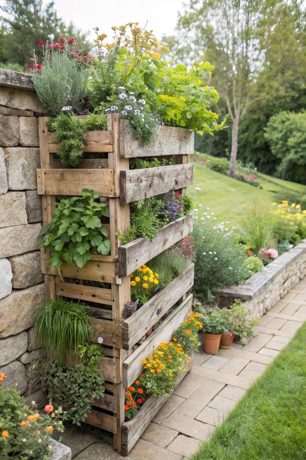 A unique vertical garden created from repurposed wooden boards.
