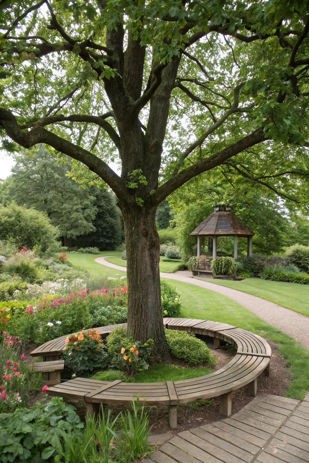 A round bench nestled around a tree, creating the ultimate relaxation spot.