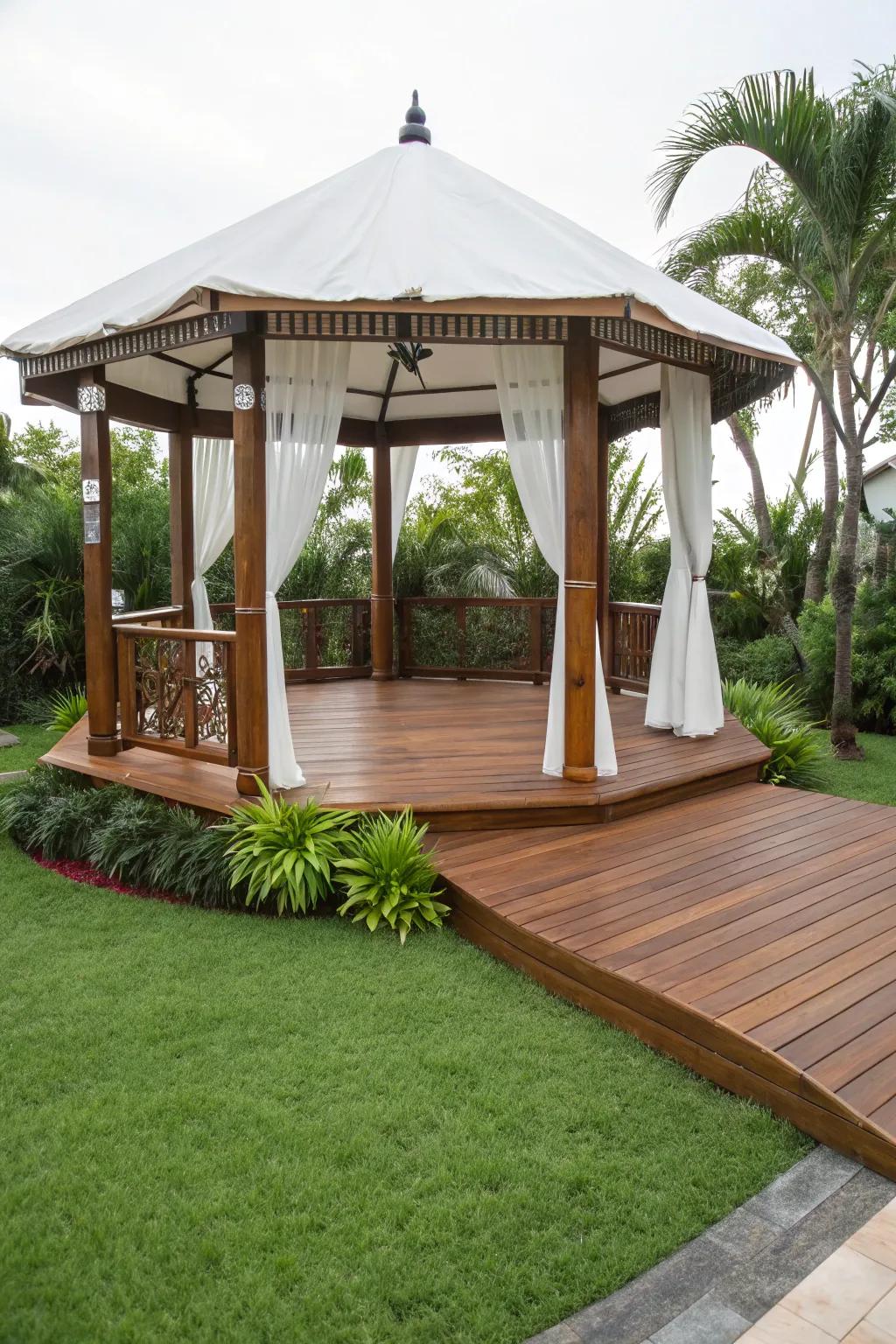 Classic wooden decking adds warmth and elegance to any gazebo setting.