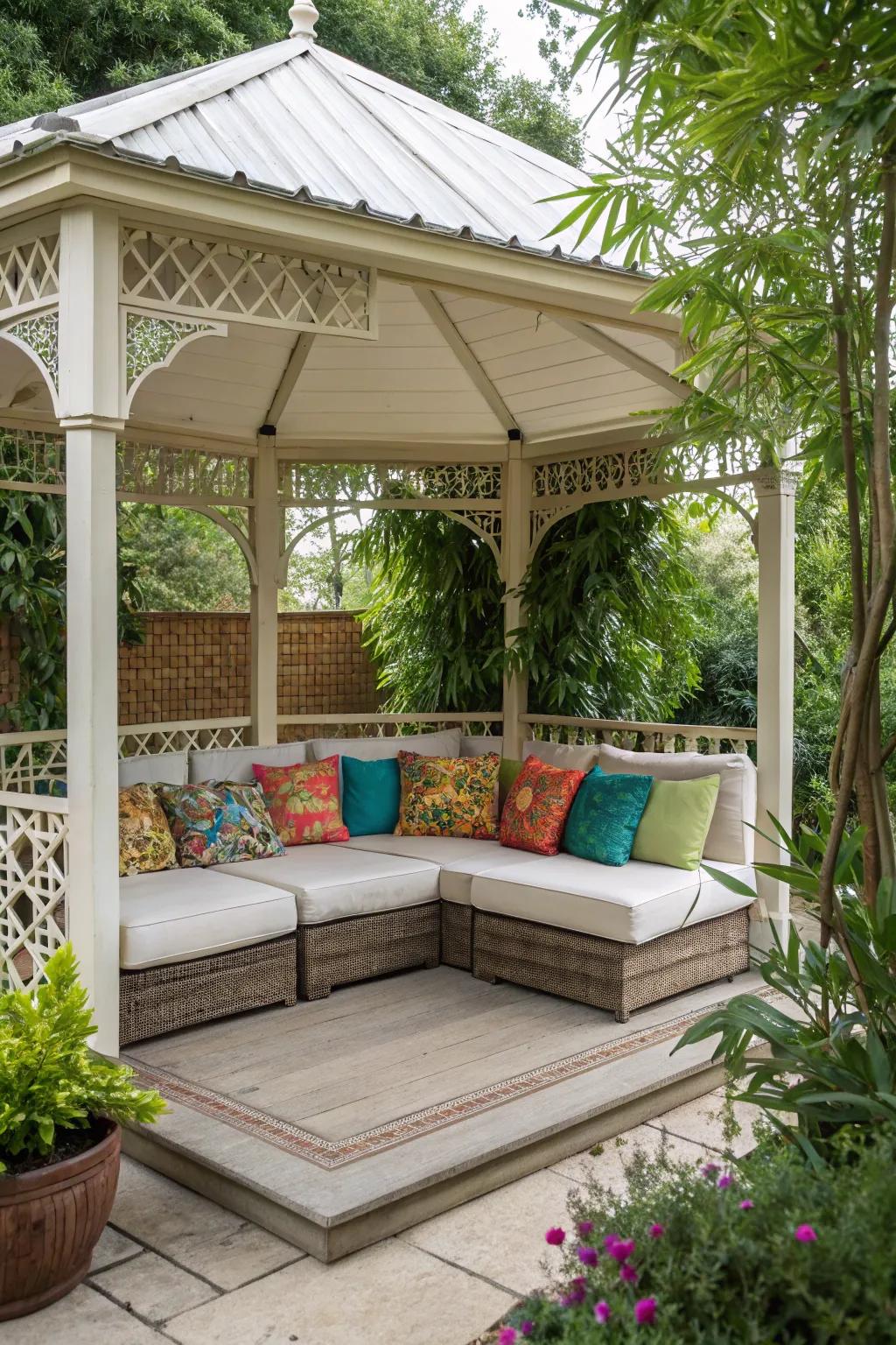 A cozy outdoor sofa turns your gazebo into a relaxing retreat.