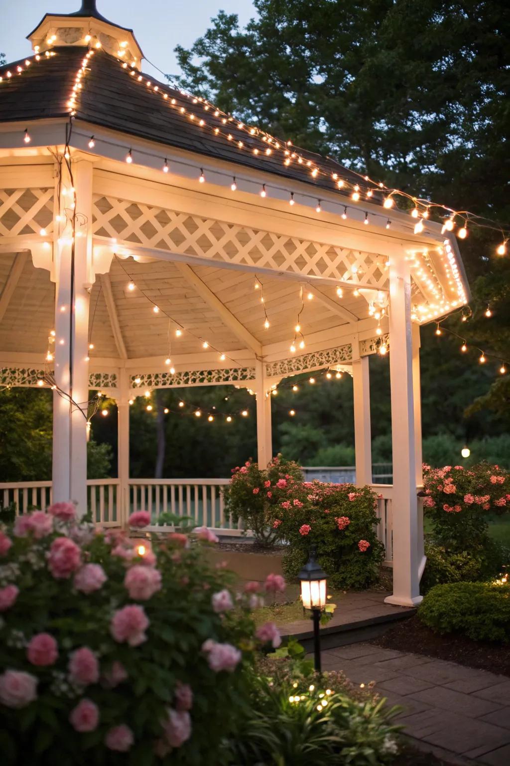 Lights gently draped across the gazebo create a cozy, welcoming atmosphere.