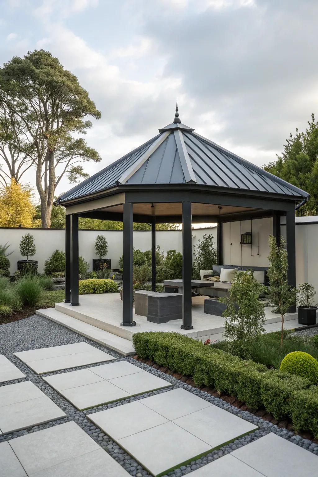 A sleek metal-roofed gazebo in a contemporary garden setting.