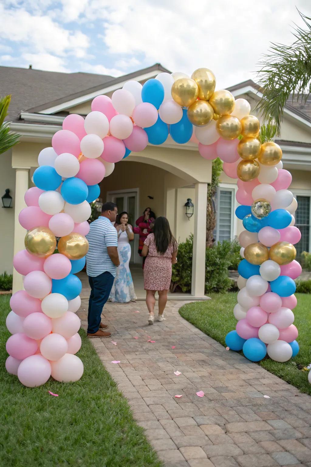 A lively balloon arch creates the perfect scene for a joyous gender reveal.