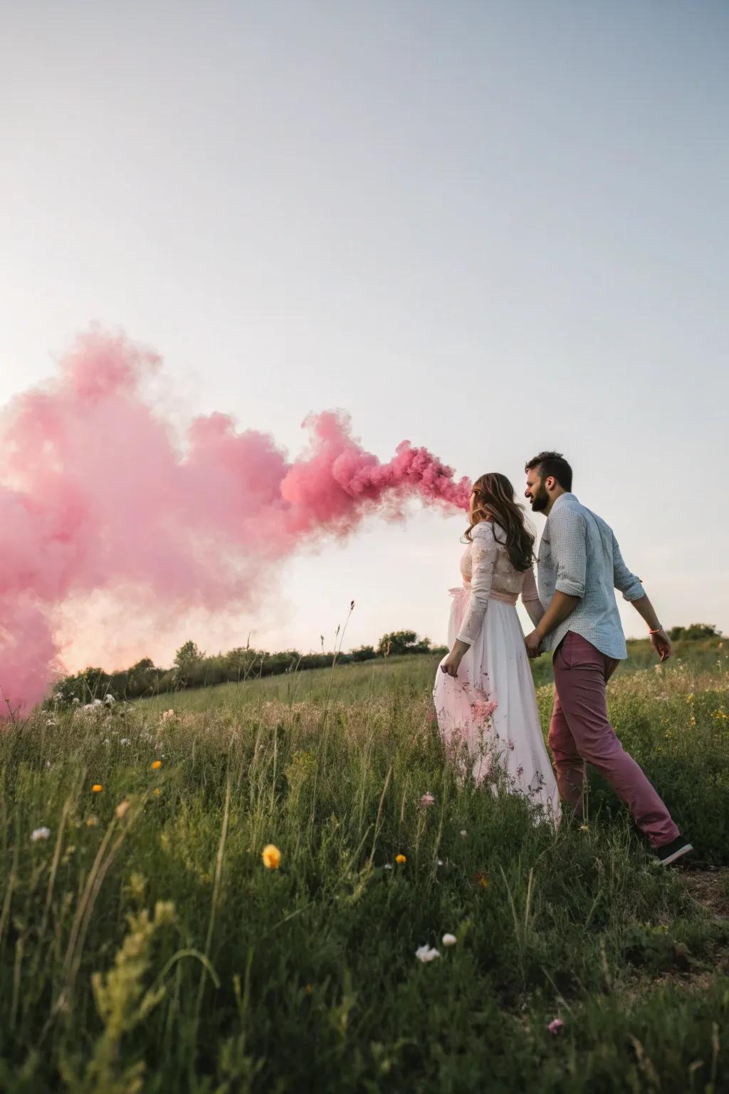 A stunning smoke bomb reveal set against a beautiful outdoor vista.