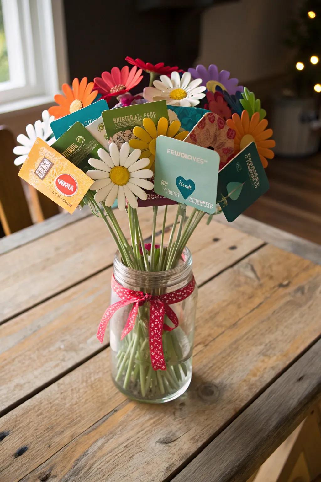 Gift cards turn into lovely blooms when arranged as a bouquet.