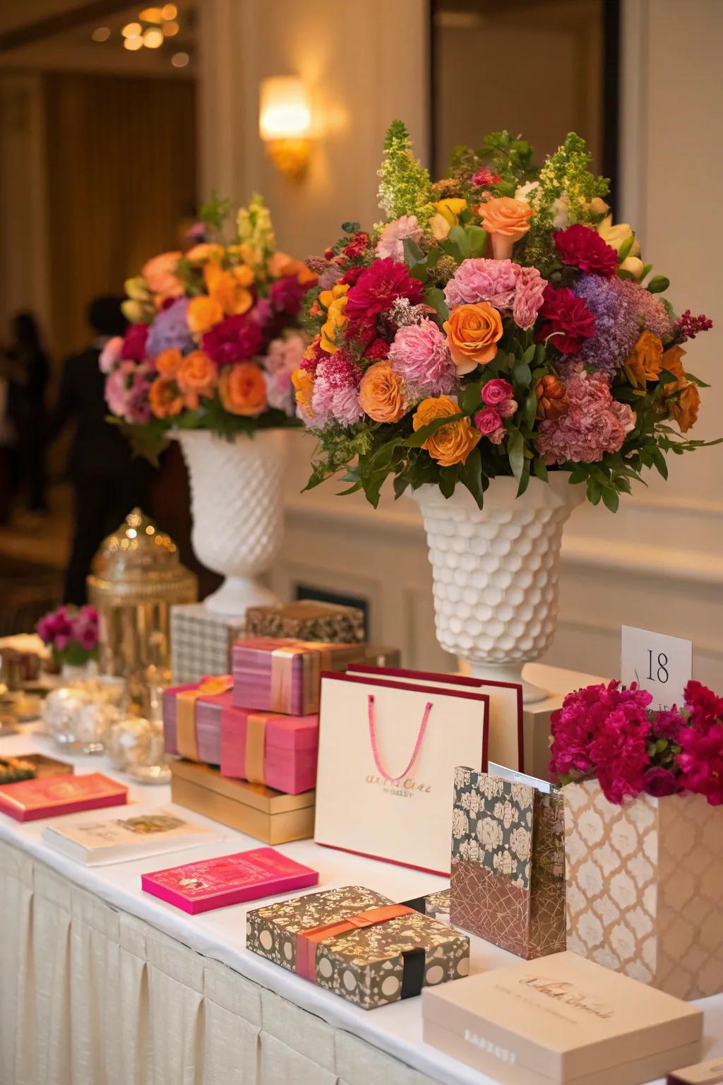 Floral displays enhance any gift table with their grace and charm.