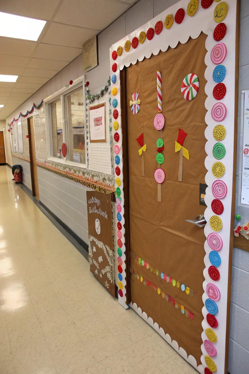A classic gingerbread house facade on a classroom door.