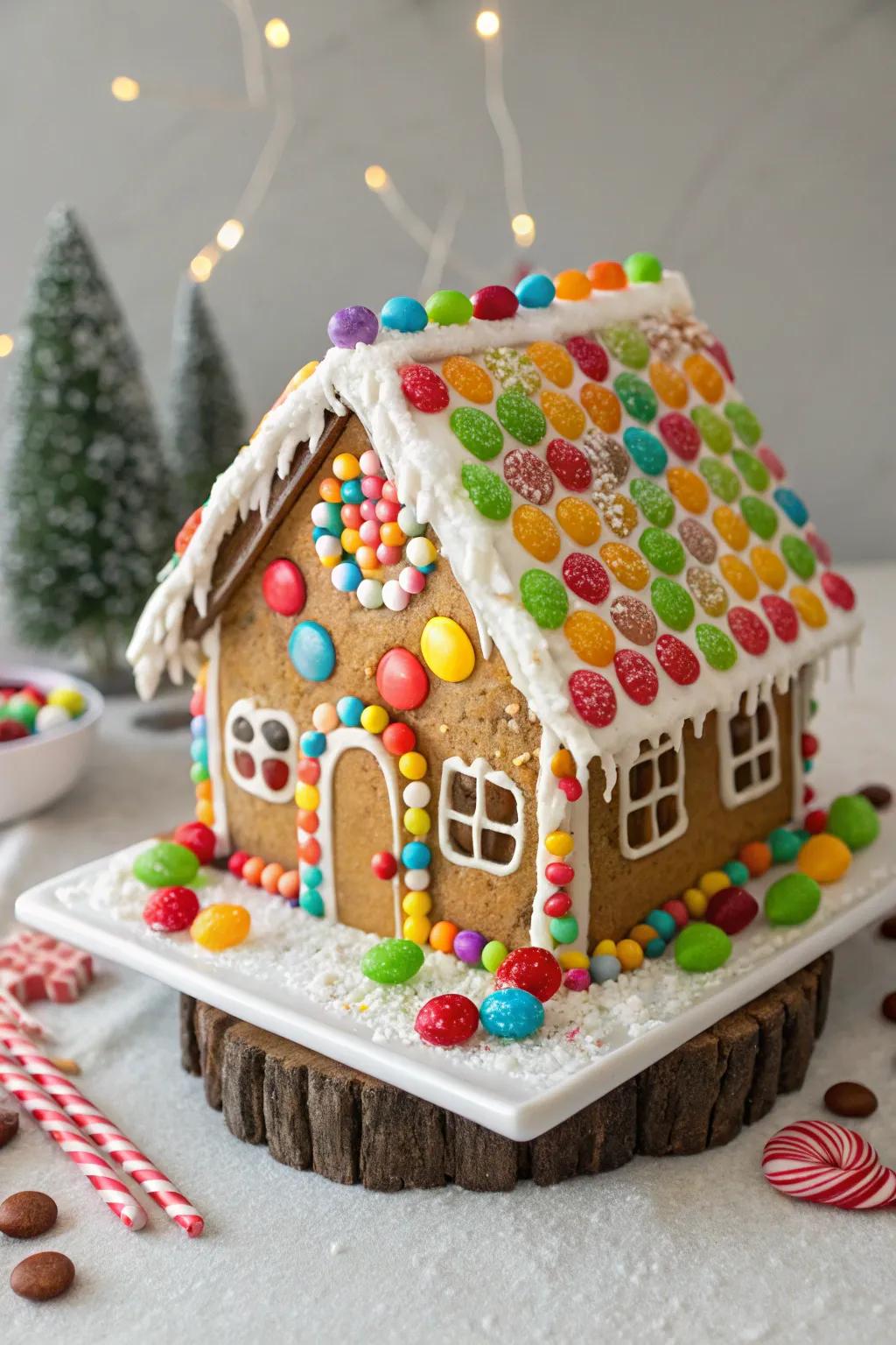 A vibrant, candy-coated gingerbread house.