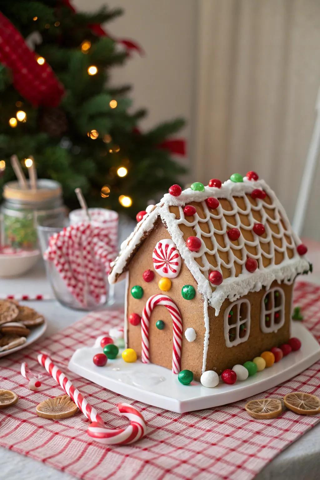 A gingerbread house roof beautifully ornamented with stick candies.