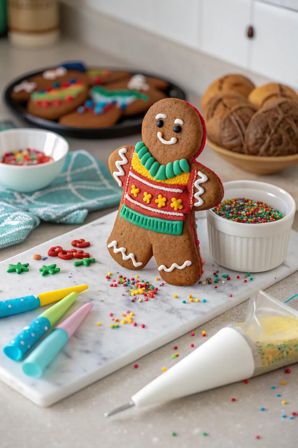 A gingerbread man wearing a festive iced sweater, perfect for holiday cheer.