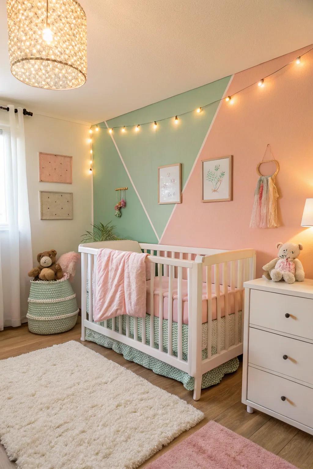 A nursery showcasing a tranquil pastel palette.