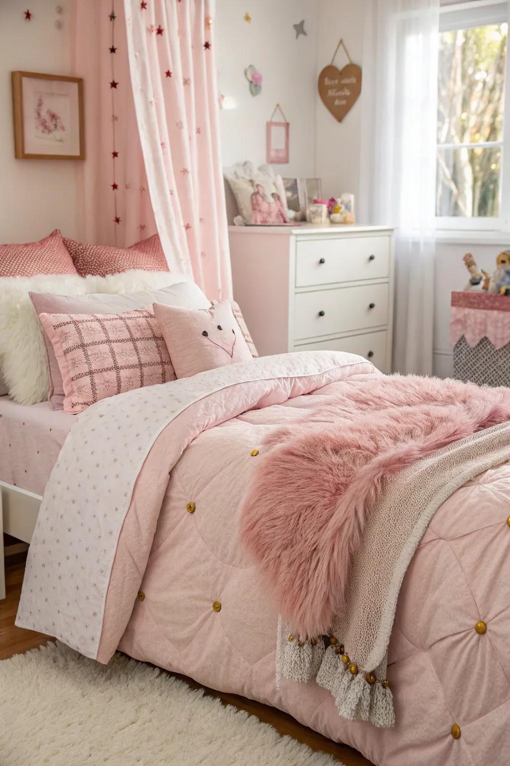 Layering various pink shades in bedding creates a cozy, deep feel.
