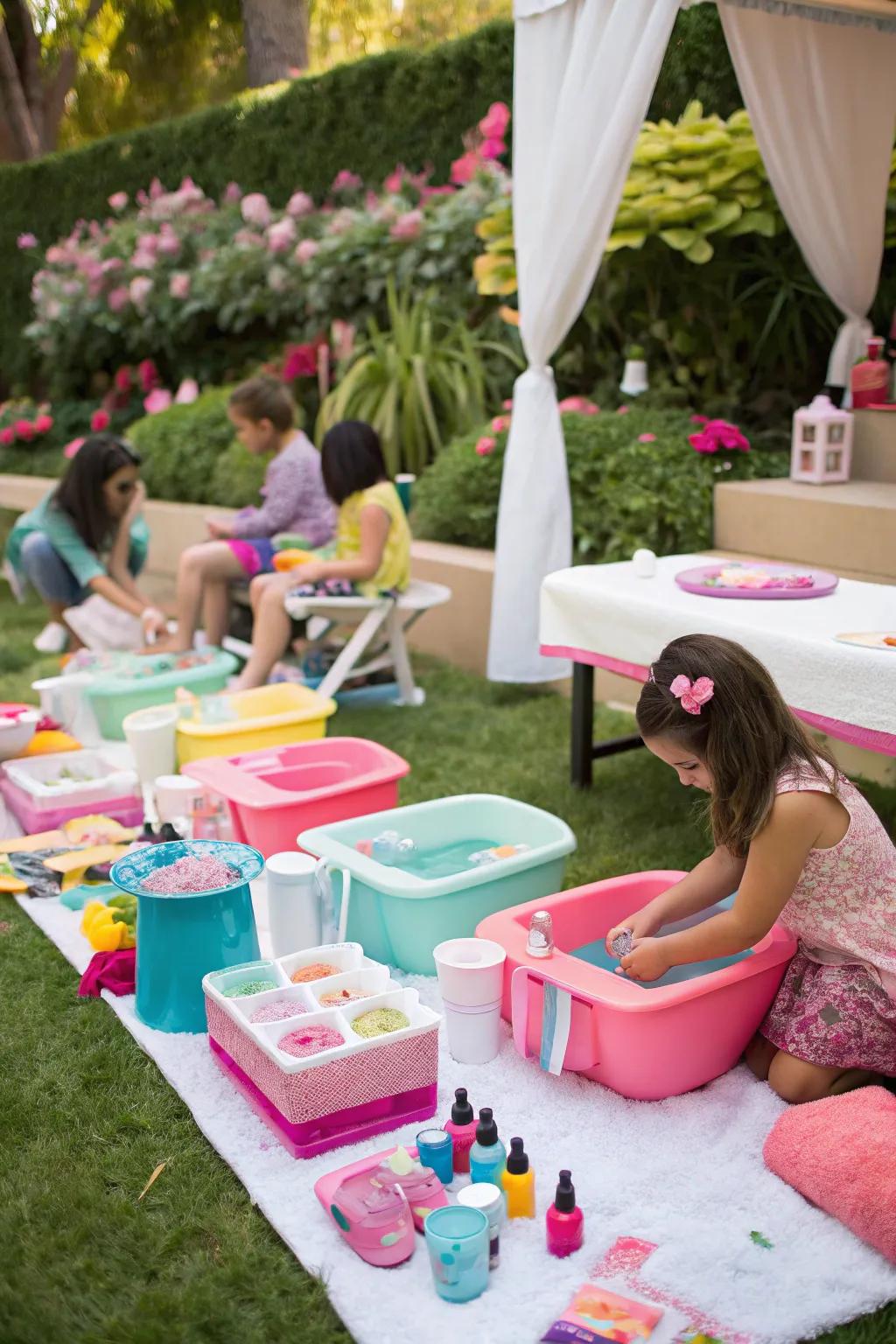 Inviting pampering stations all set for a girls' birthday spa day.