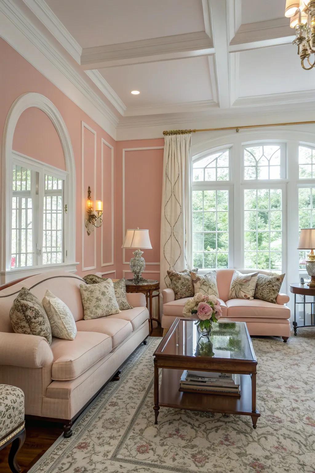 A peaceful living area showcasing gentle rose walls and refined decor.