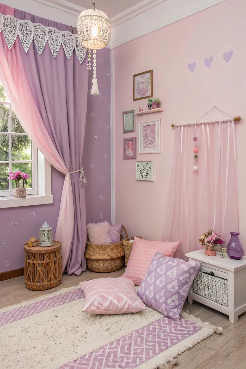 A pastel haven with pink and lavender hues for a soothing atmosphere.