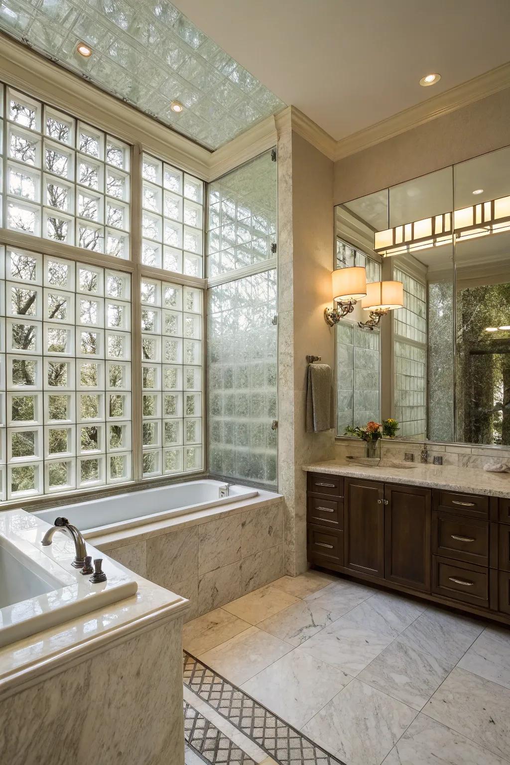 A luxurious bathroom featuring a glass block shower wall, evoking a serene spa-like atmosphere.