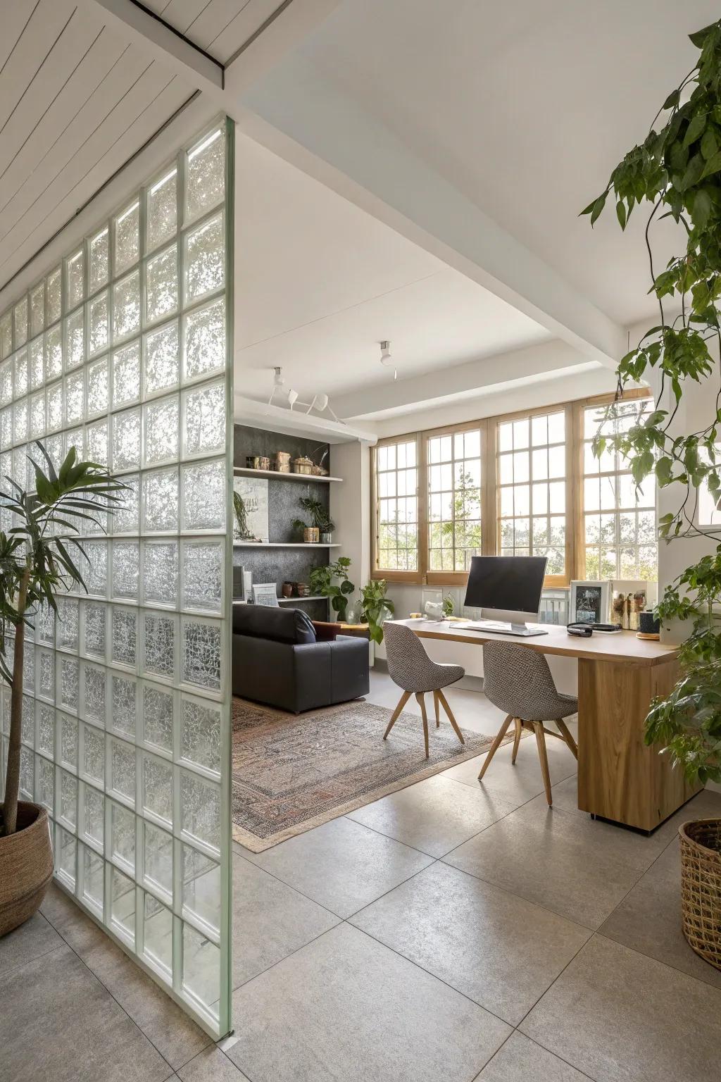 A workspace elegantly separated from the living room using a glass tile divider.