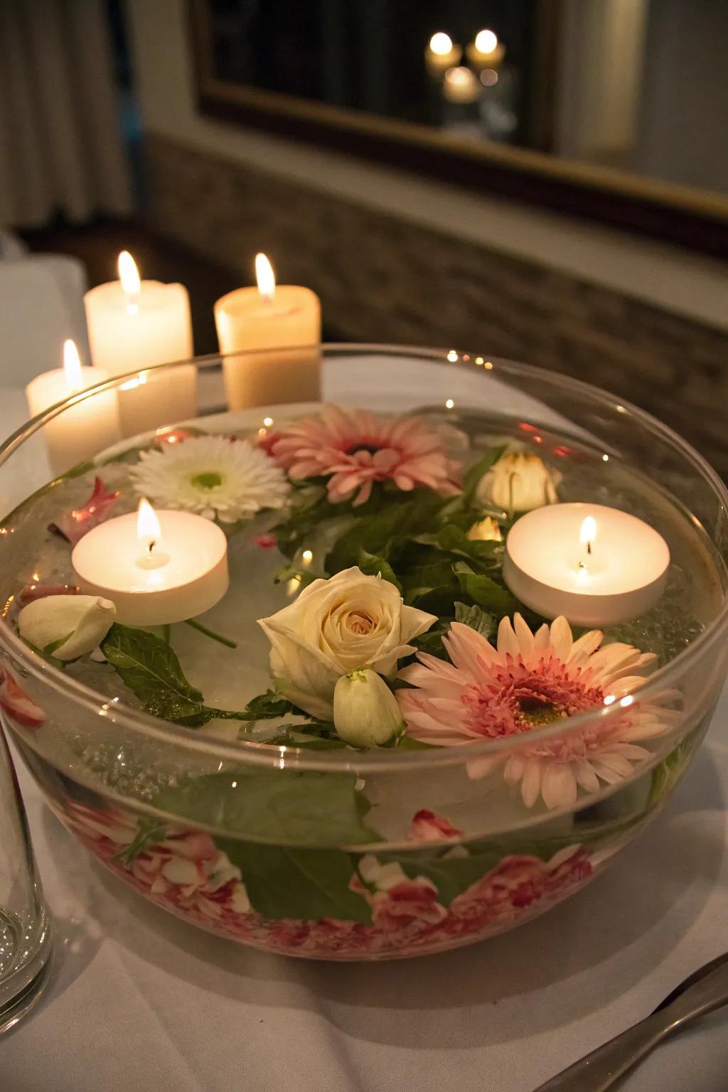 A clear bowl with bobbing lights and blooms conjures a captivating aura of romance.