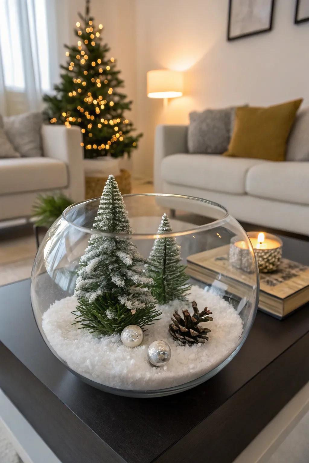 A glass bowl with a miniature Christmas tree and faux snow.