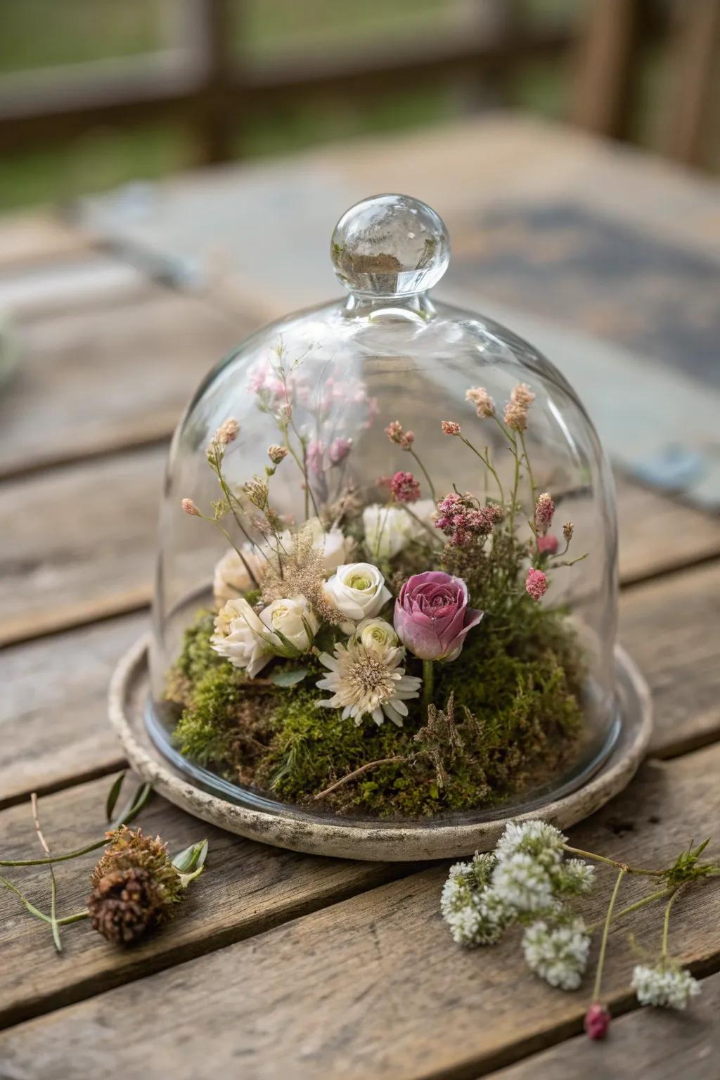 An enclosure of see-through material showcasing preserved flowers and natural ground cover infuses a sense of nature's beauty within.