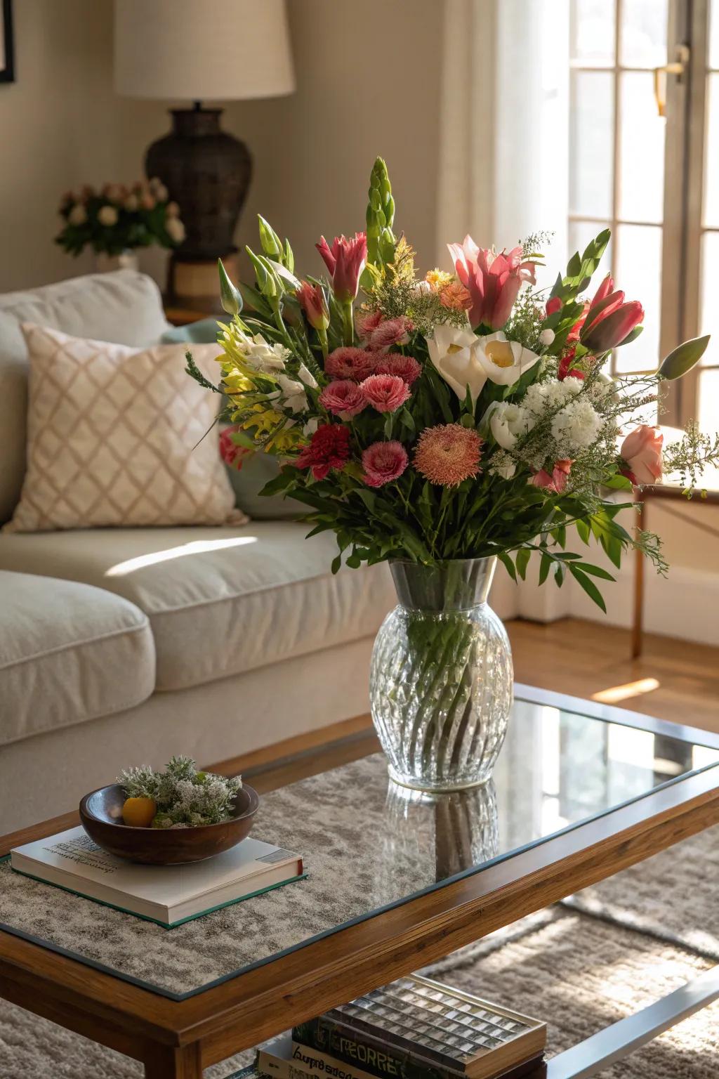 A vivid centerpiece of flowers brightens up this glass coffee table.