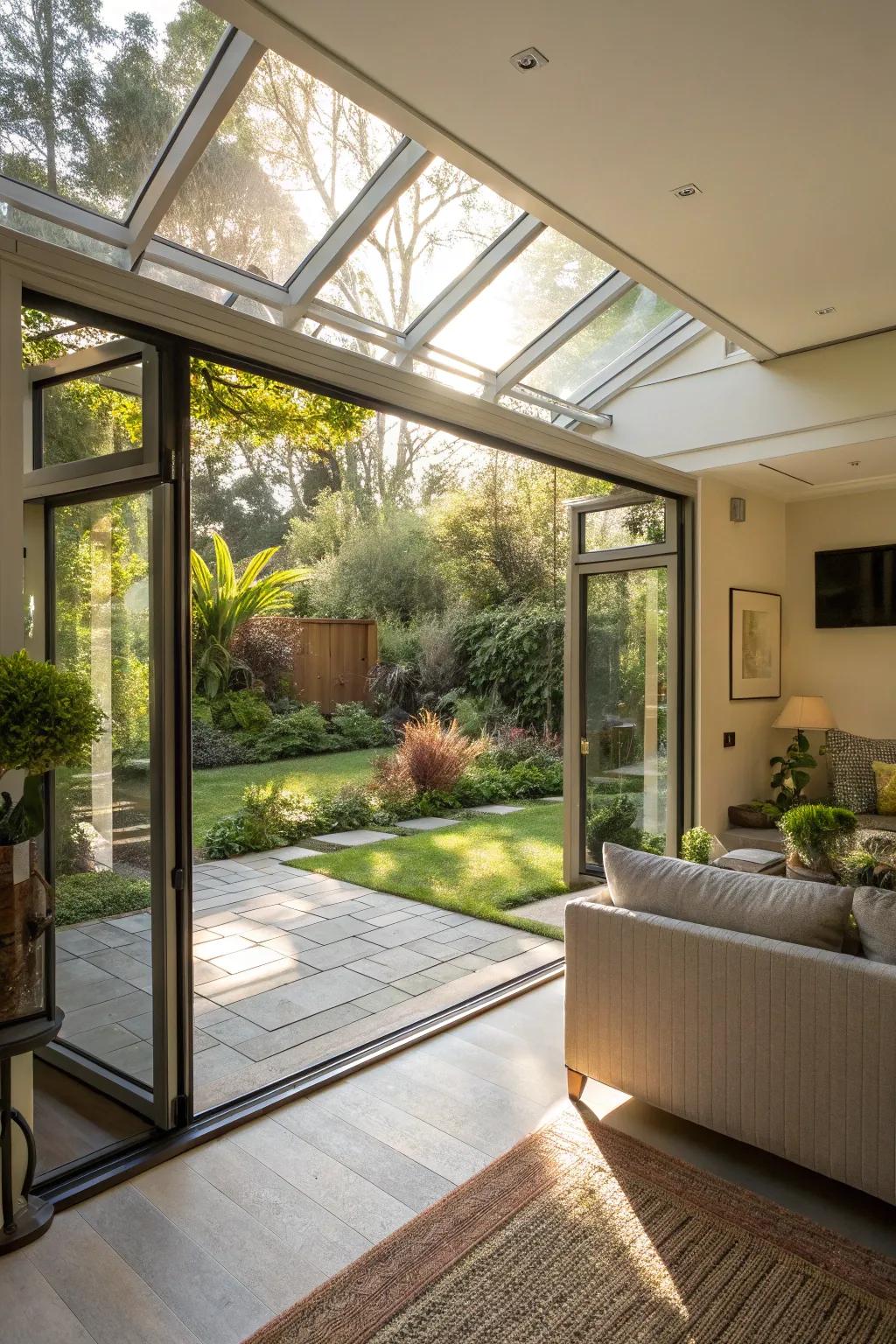 An open glass overhead door creating a harmonious indoor-outdoor zone.