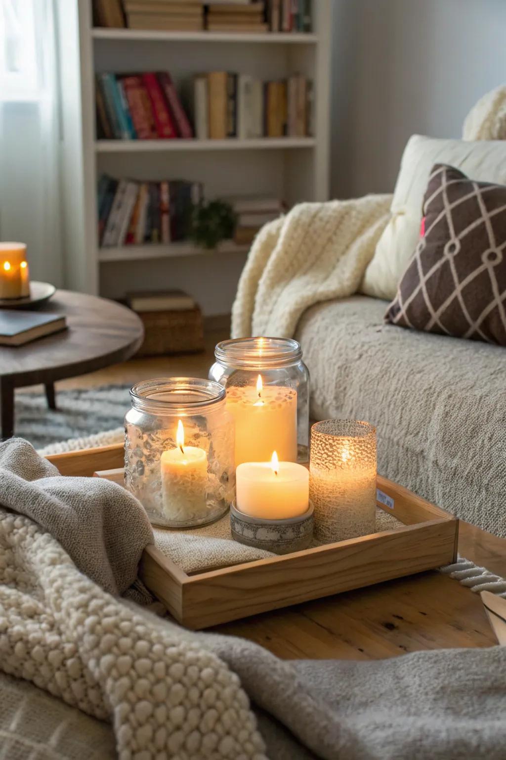 Glass containers packed with twinkle lights fashion a snug atmosphere.