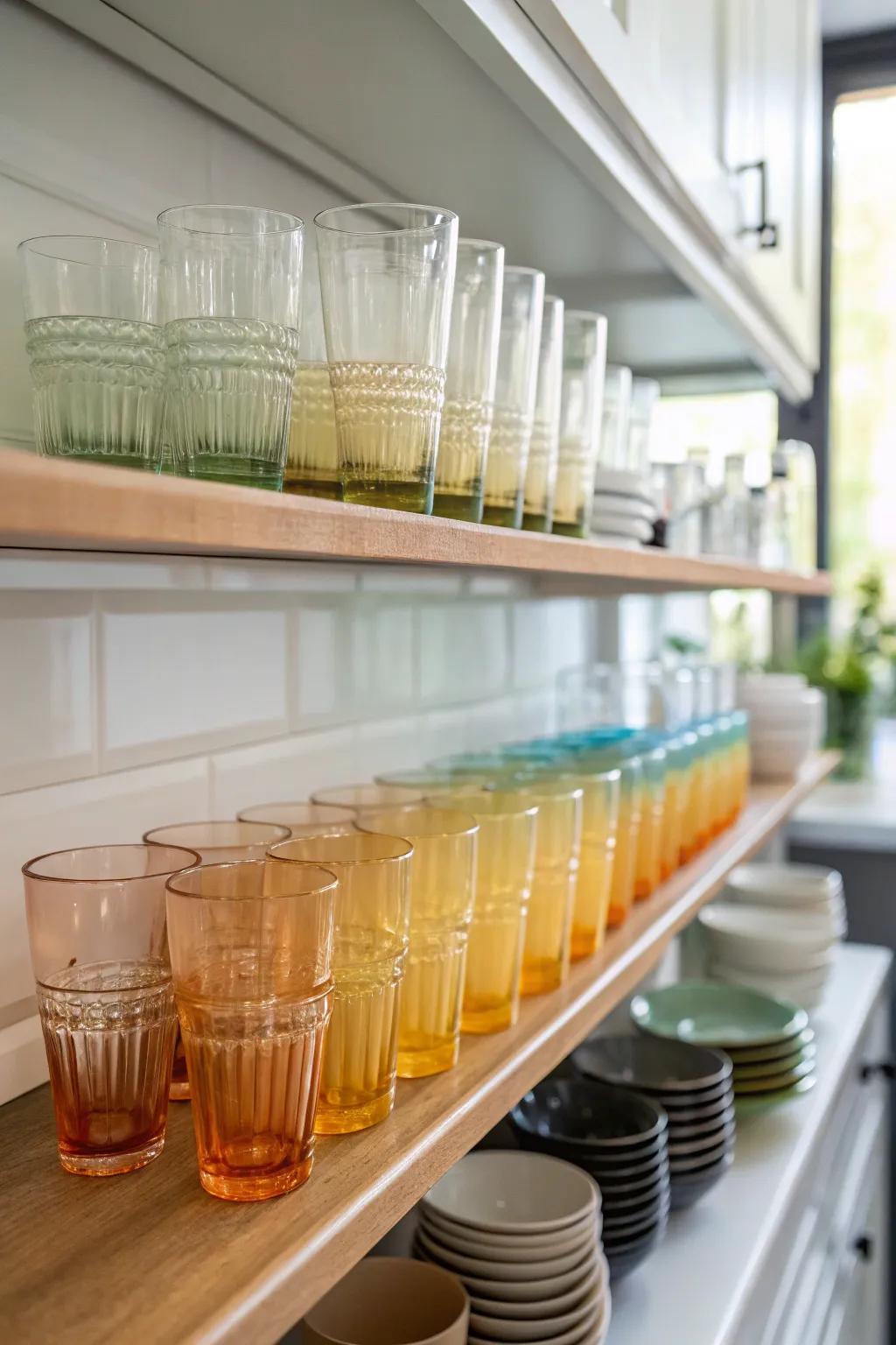 A gorgeous color gradient display of glassware on a kitchen shelf.