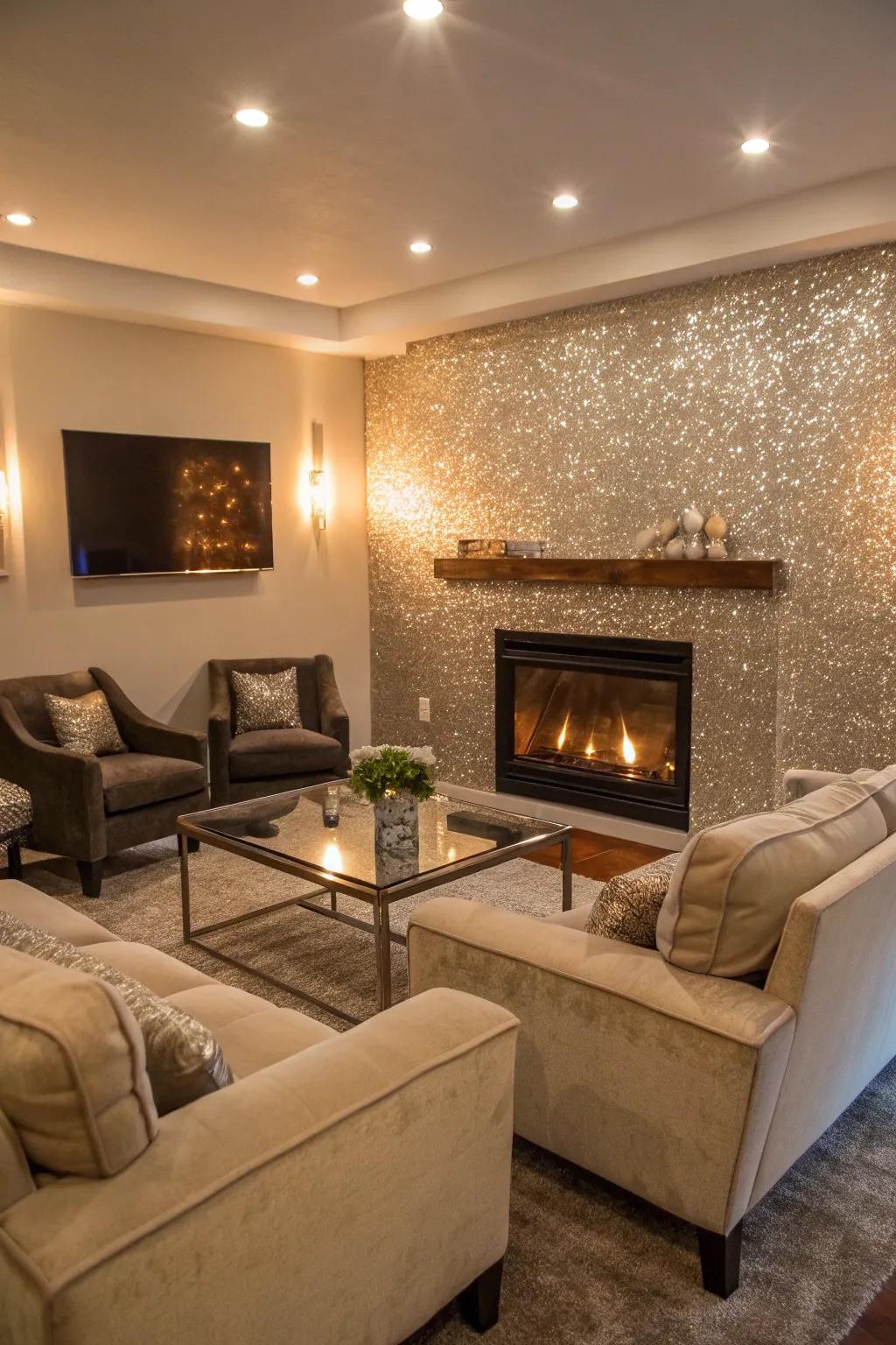 A shimmering feature wall improves a living area's refinement.