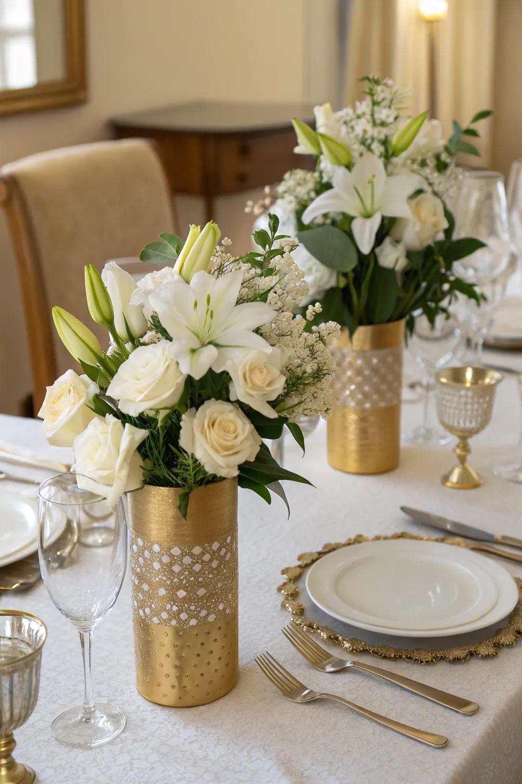Ageless sophistication featuring gold vases and white florals.