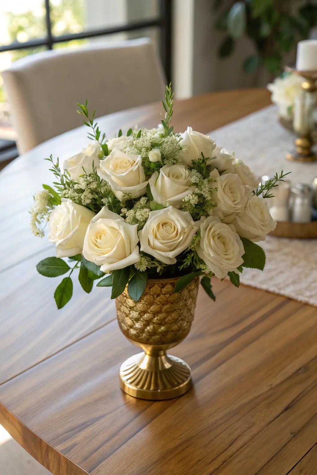 A classic gold vase adorned with elegant white roses.