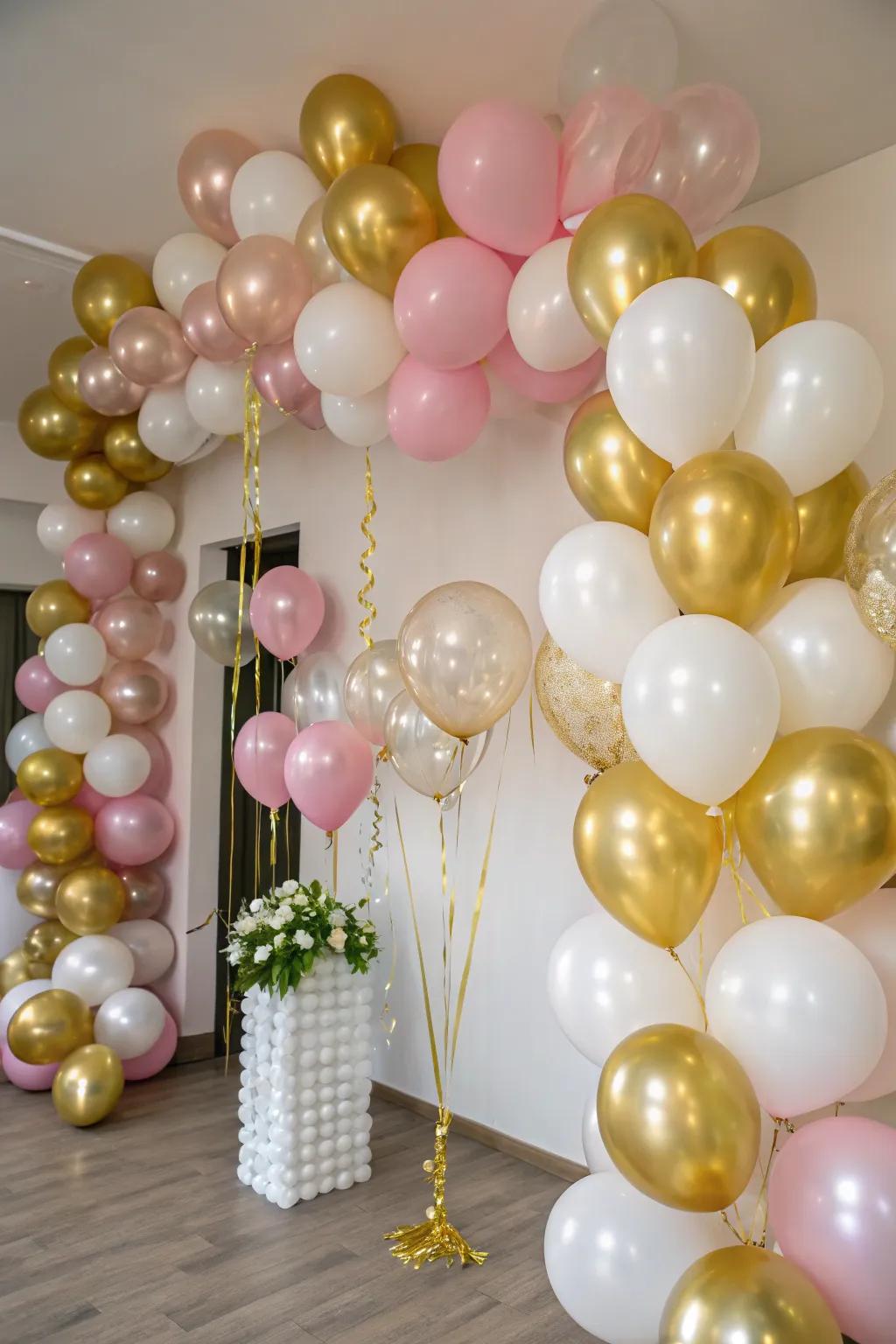 A joyful space enhanced with gold and complementary balloons, creating a celebratory mood.