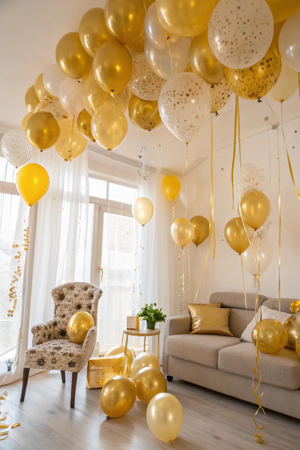 Transform your space with a dreamy expanse of gold balloons for a festive, ethereal effect.