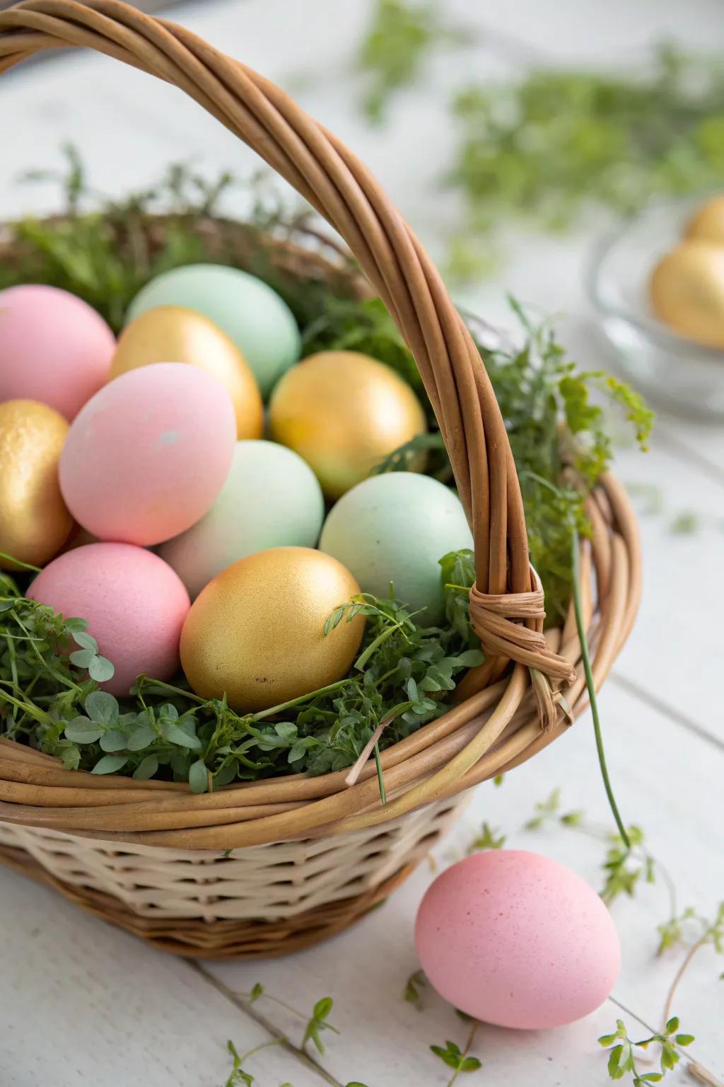 Gilded eggs beautifully complement a pastel-themed container.