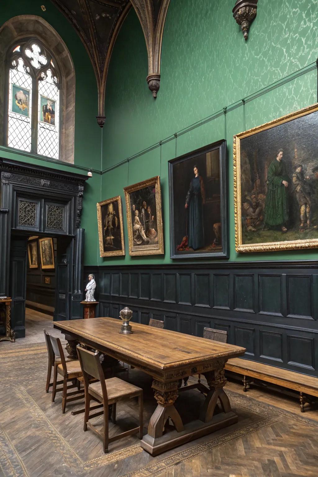 A room enriched with a deep color palette that radiates gothic charm.