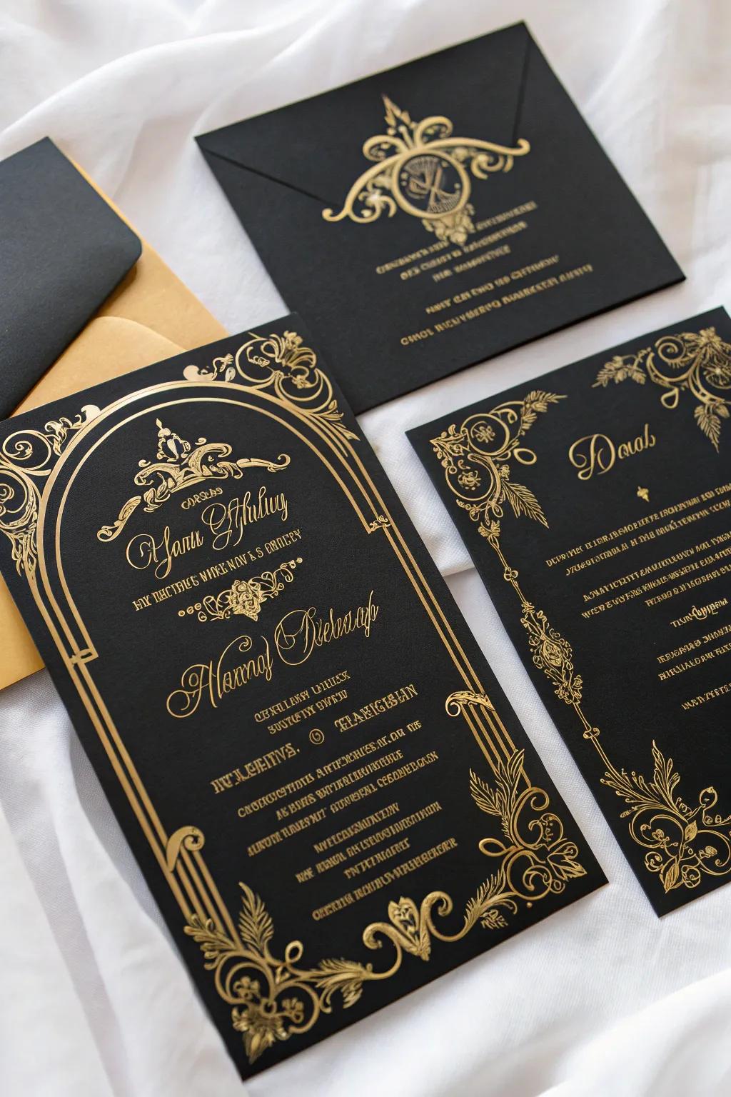 Refined gothic wedding invitations showcasing onyx and gilded detailing.