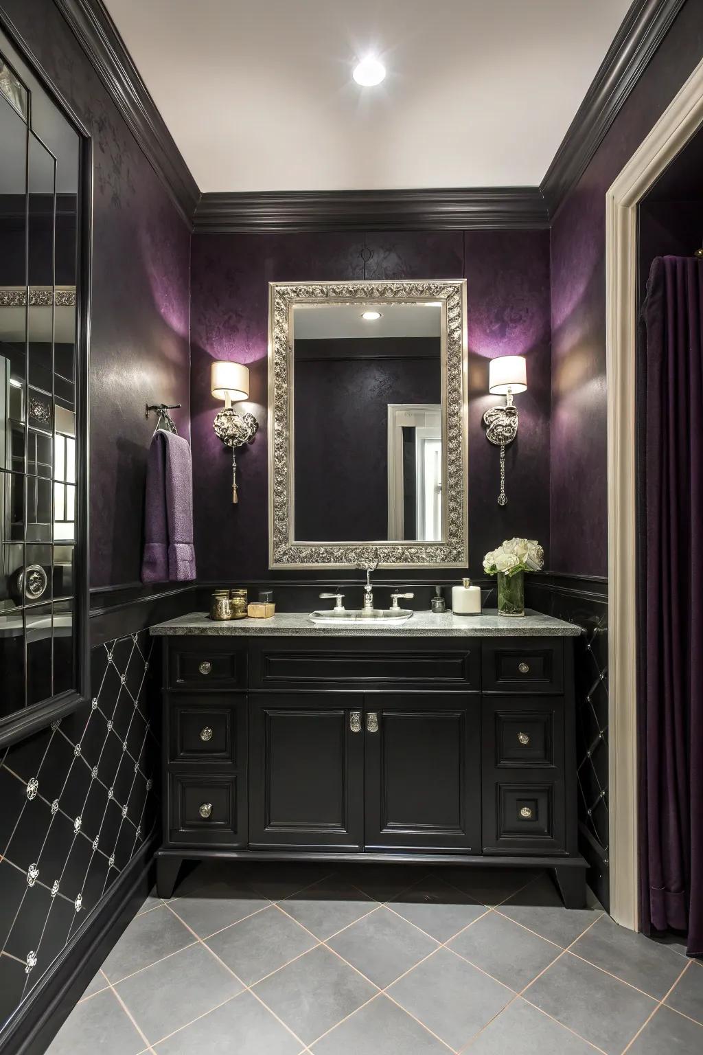 A bathroom clad in profound shades, building a comfortable and theatrical atmosphere.