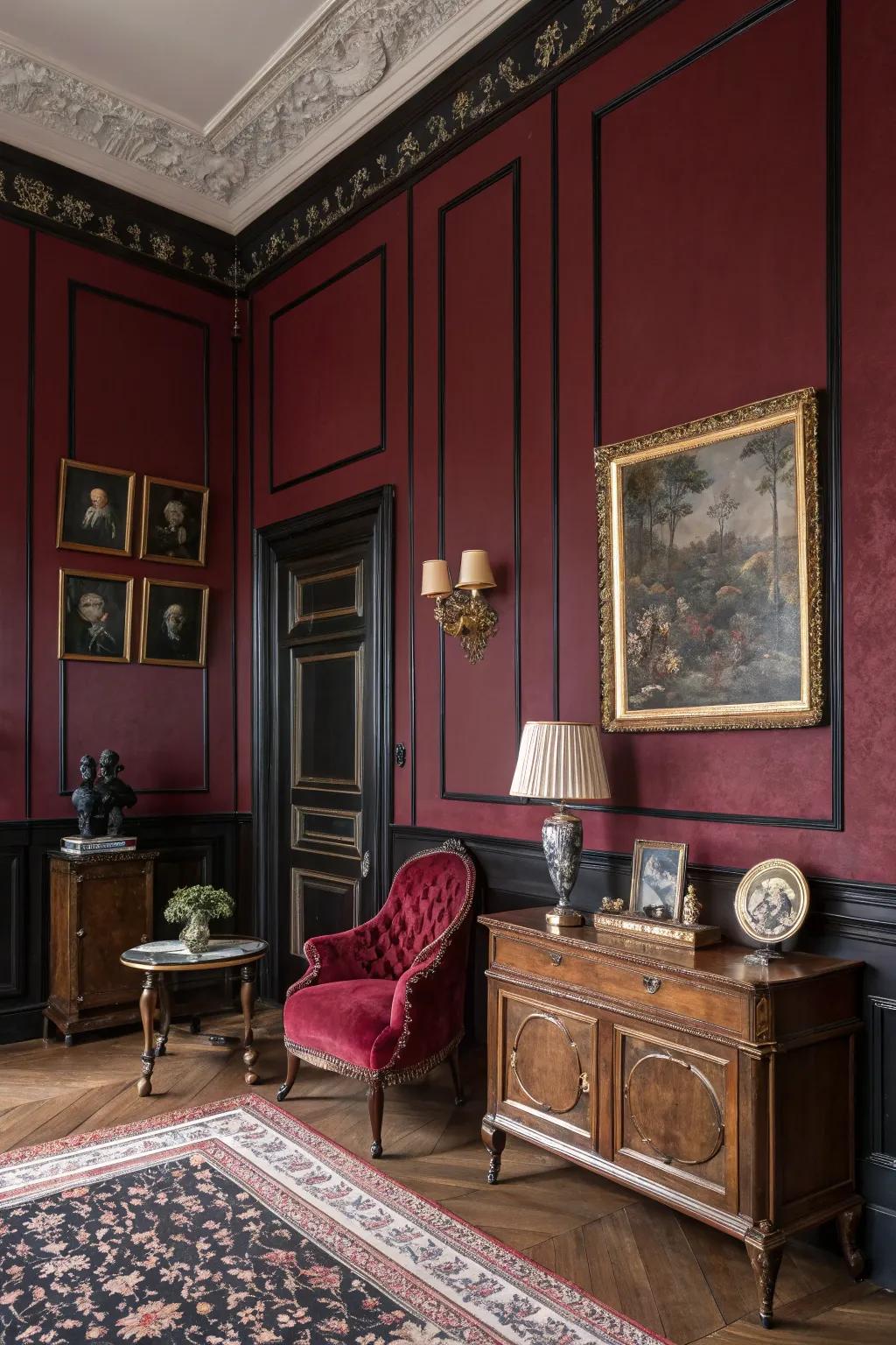 A room where intense hues evoke a gothic magnetism.