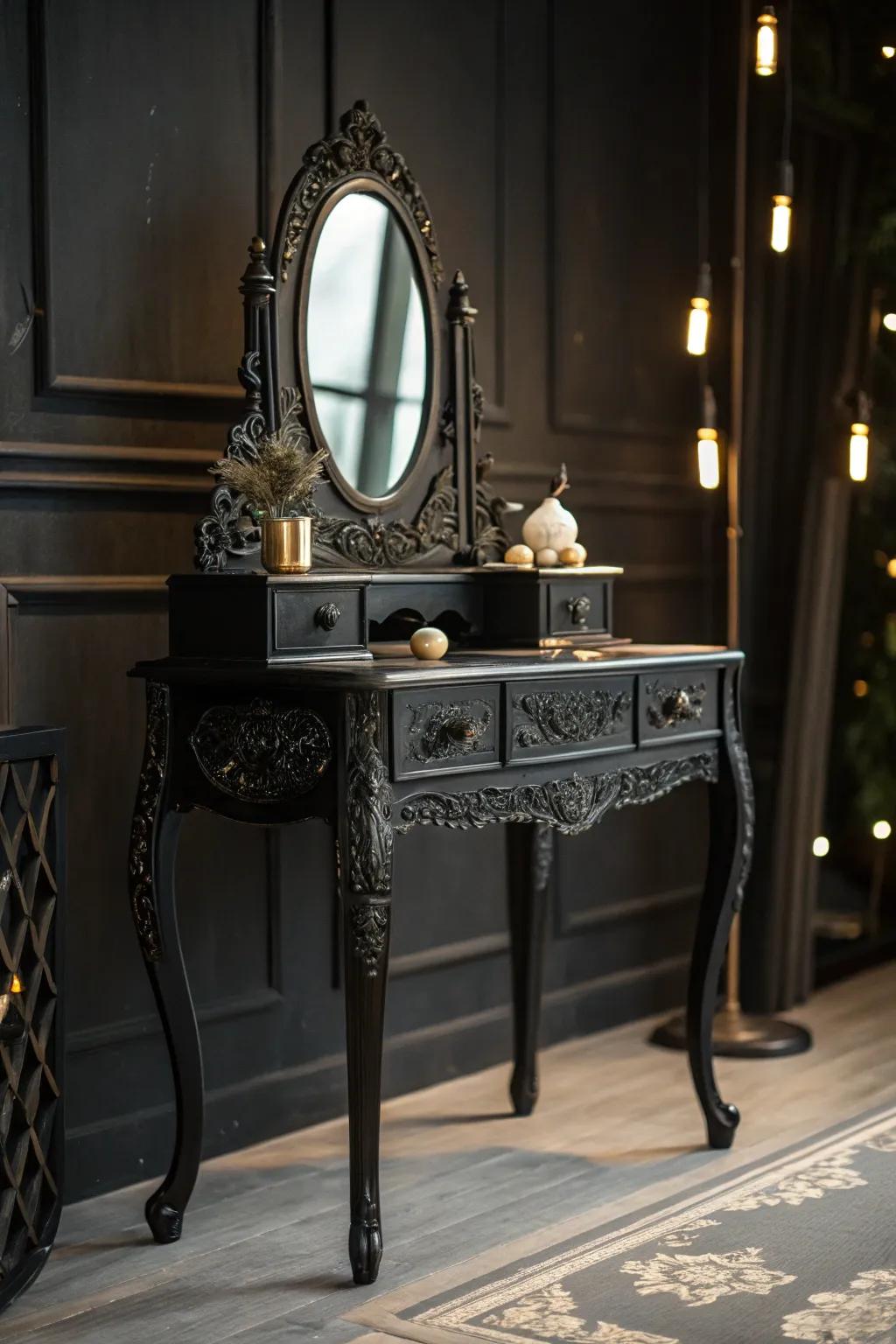 A classic shadowy dressing table featuring detailed carvings establishes a theatrical central point.