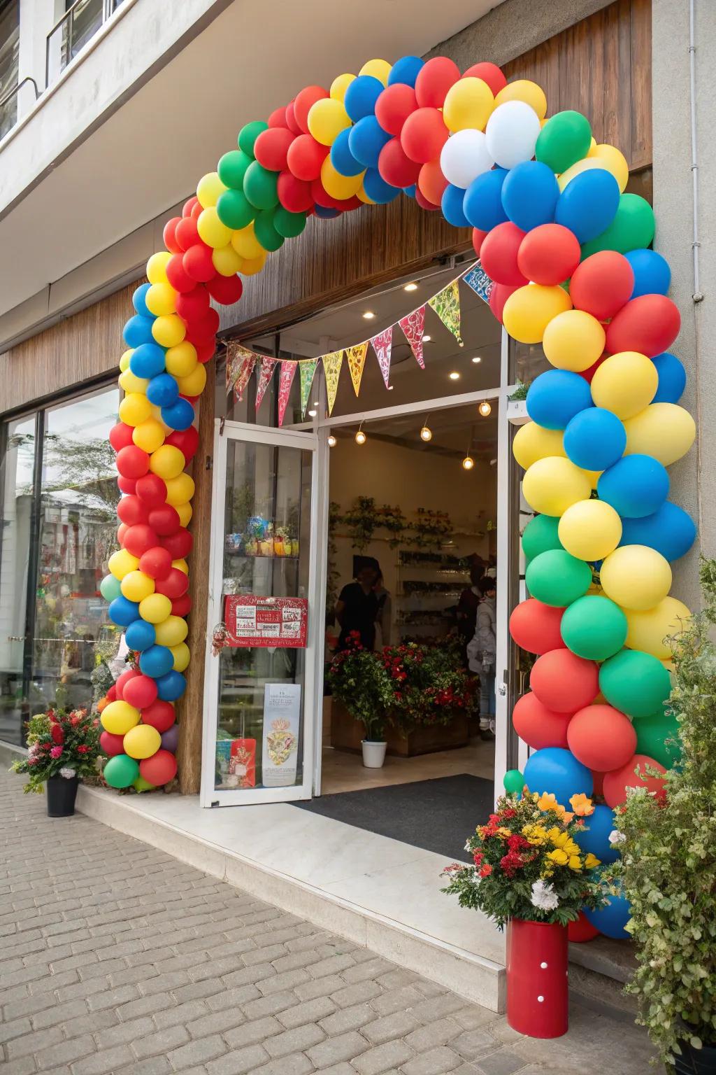 A classic balloon archway marks the entrance, tempting guests to come in and explore.