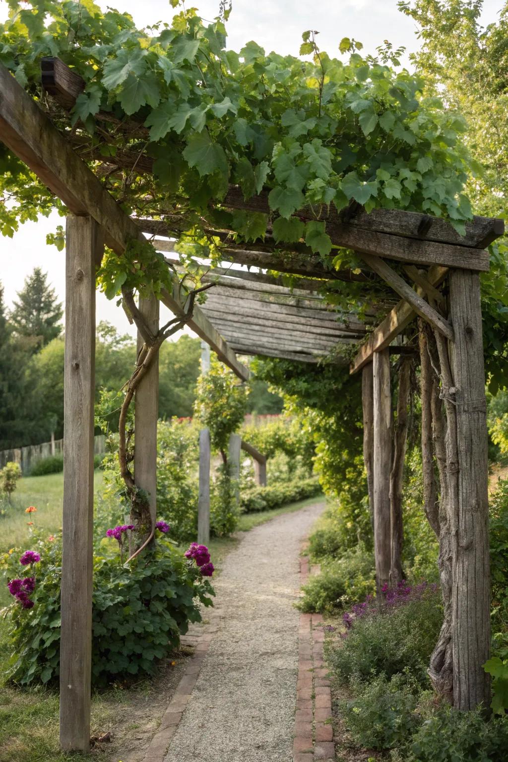 A classic wood trellis offers a natural aesthetic for your grapevines.