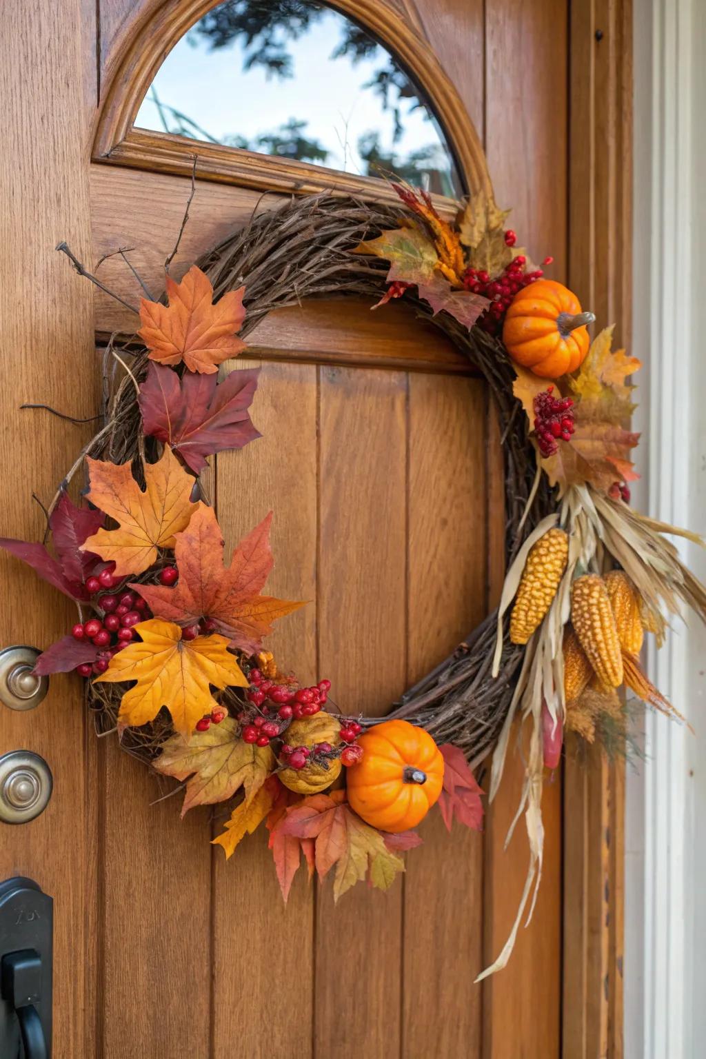 An autumn-themed grapevine wreath adorned with miniature pumpkins and leaves.