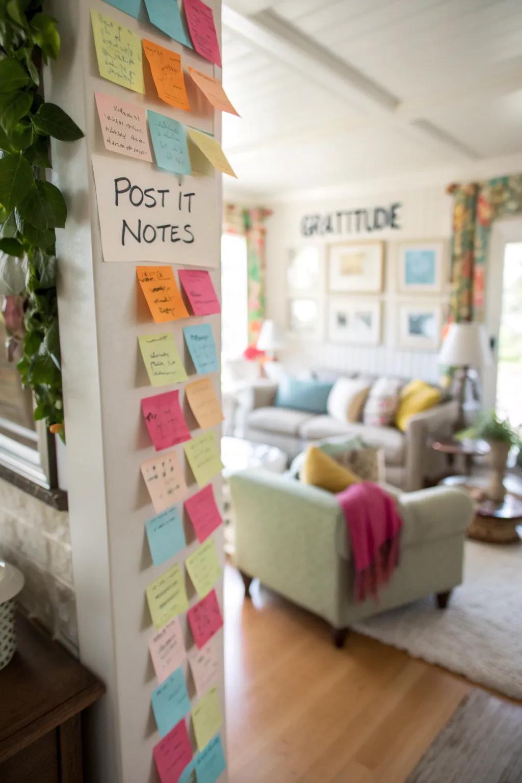 A vibrant gratitude showcase featuring colorful adhesive notes.